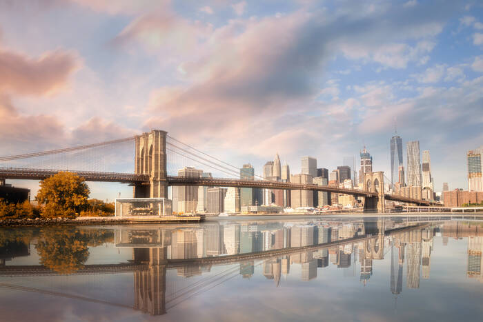 Quadro Su Tela Fochorlo - Brooklyn Bridge Di Notte, Poster Artistico Di New York City, 50,8x121,9 Cm (Blu)