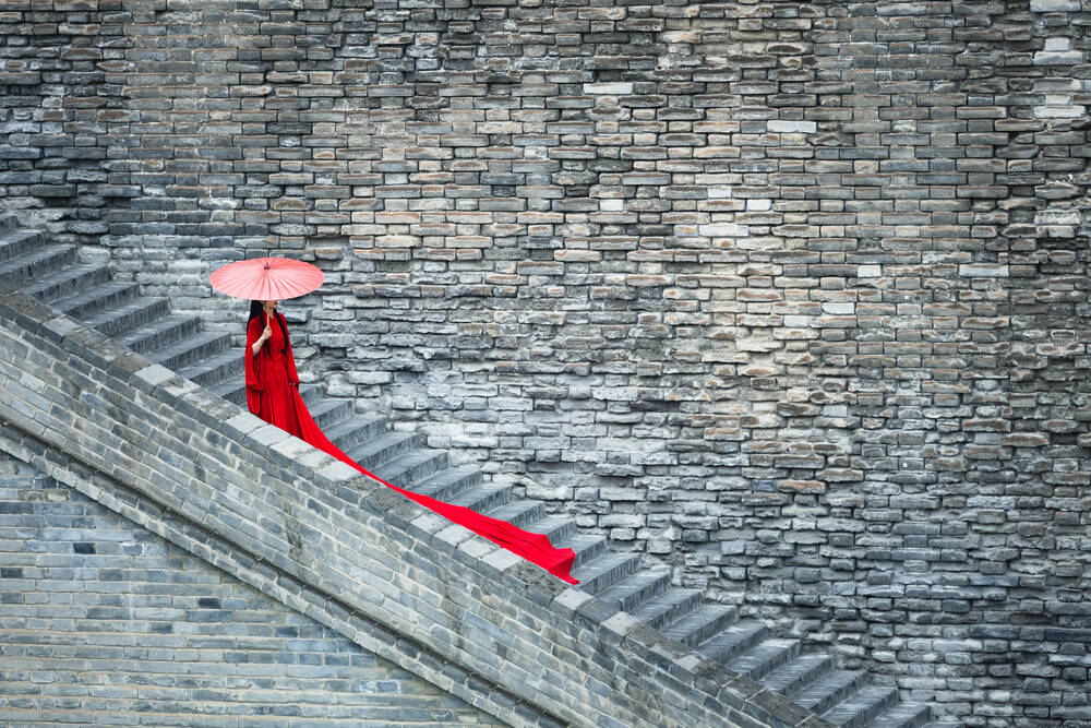 Woman in Red on the Ancient Walls of Xian