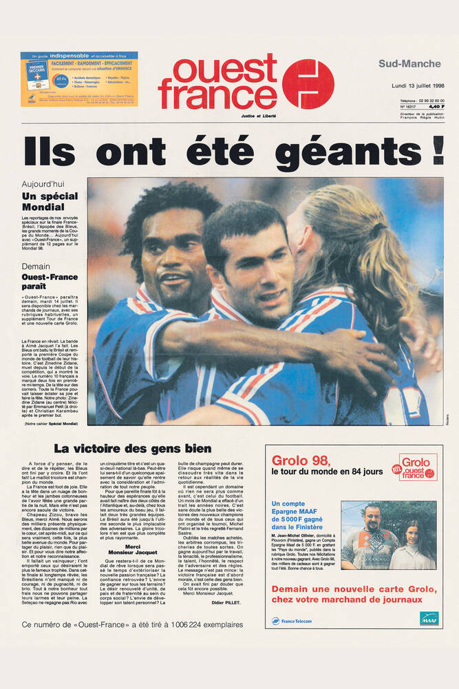 Front page of Ouest France dated July 13, 1998 Photographic