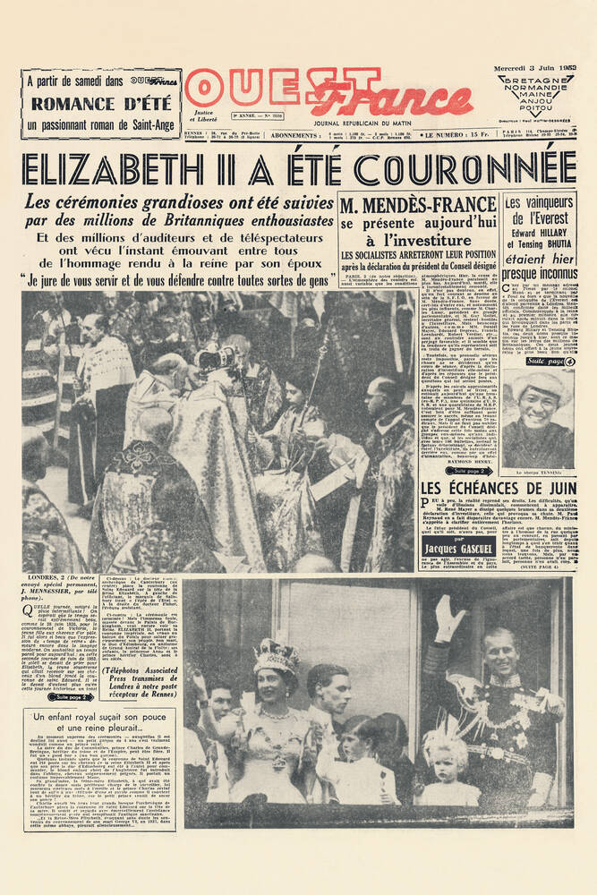 Voorpagina van Ouest France van 2 juni 1953