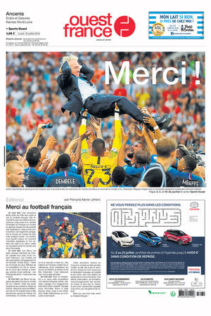 Ouest France front page dated July 16, 2018 Ouest France front page dated July 16, 2018