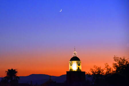 The steeple of Saint-Tropez under the moonlight