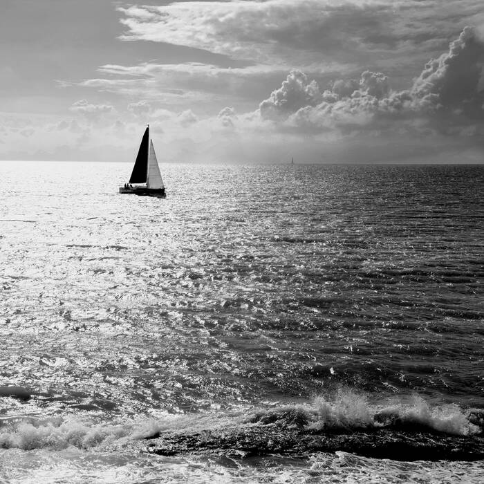 sailboat at sea in black and white