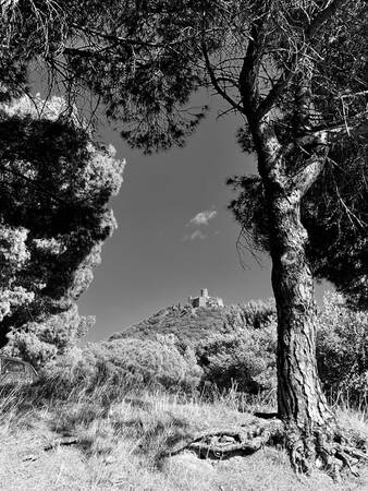 Uitzicht op het middeleeuwse kasteel op een heuvel in Collioure Uitzicht op het middeleeuwse kasteel op een heuvel in Collioure