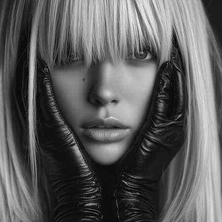 Woman face close up with leather gloves