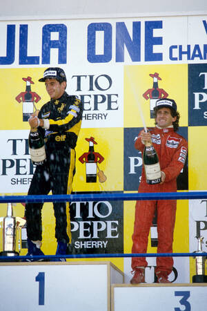 Podium Ayrton Senna och Alain Prost F1 GP Spanien 1986 Jerez