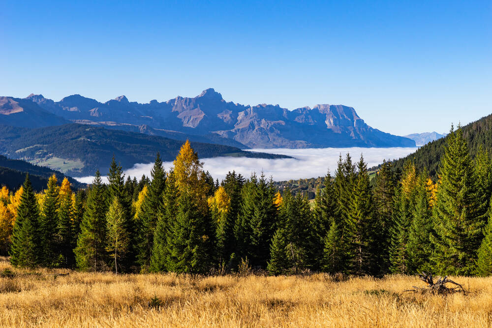 Chaine des aravis en automne sur fond de mer de nuages