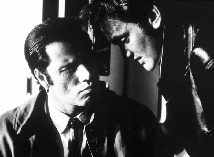Quentin Tarantino en John Travolta op de set van Pulp Fiction in 1994