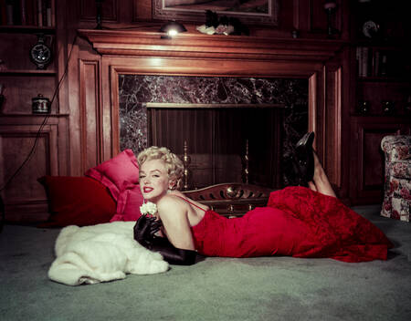 Marilyn Monroe holds a carnation in front of a fireplace