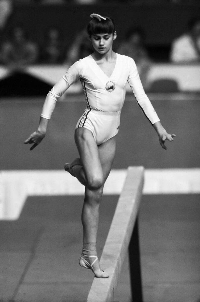 Nadia Comaneci on the Balance Beam BW
