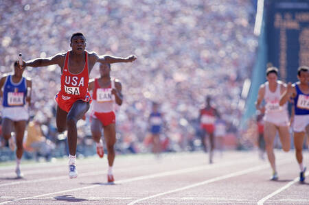 Carl Lewis crosses the line US 4x100m relay Los Angeles 1984 Carl Lewis crosses the line US 4x100m relay Los Angeles 1984