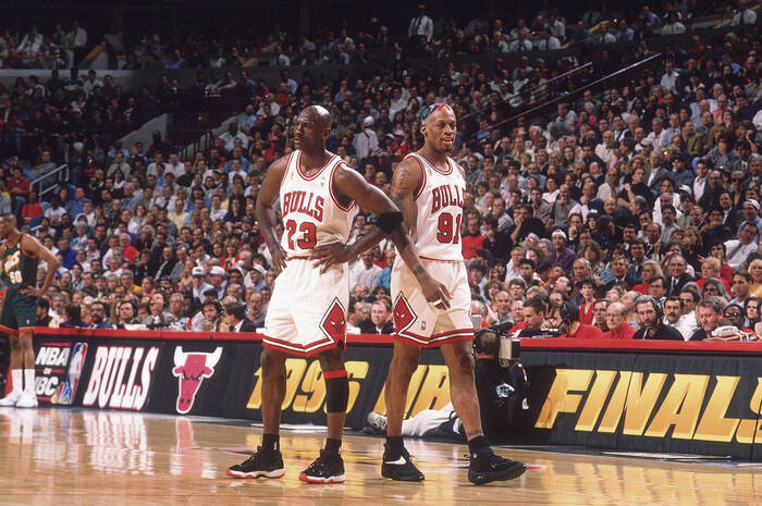 Michael Jordan and Dennis Rodman- Bulls vs SuperSonics 1996 Michael Jordan and Dennis Rodman- Bulls vs SuperSonics 1996