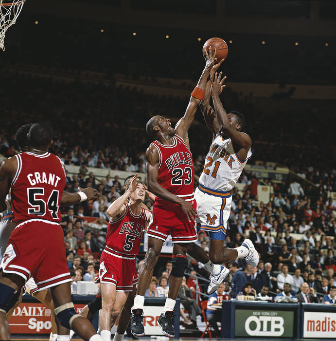 Michael Jordan blocks the Knicks in the 1989 playoffs Michael Jordan blocks the Knicks in the 1989 playoffs