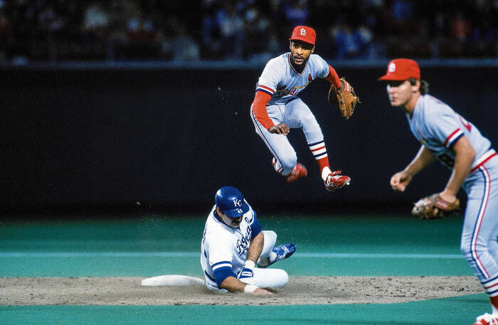 Ozzie Smith turns double play in 1985 World Series Ozzie Smith turns double play in 1985 World Series