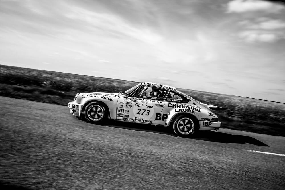 Ein PORSCHE im COLZA in Schwarz und Weiß