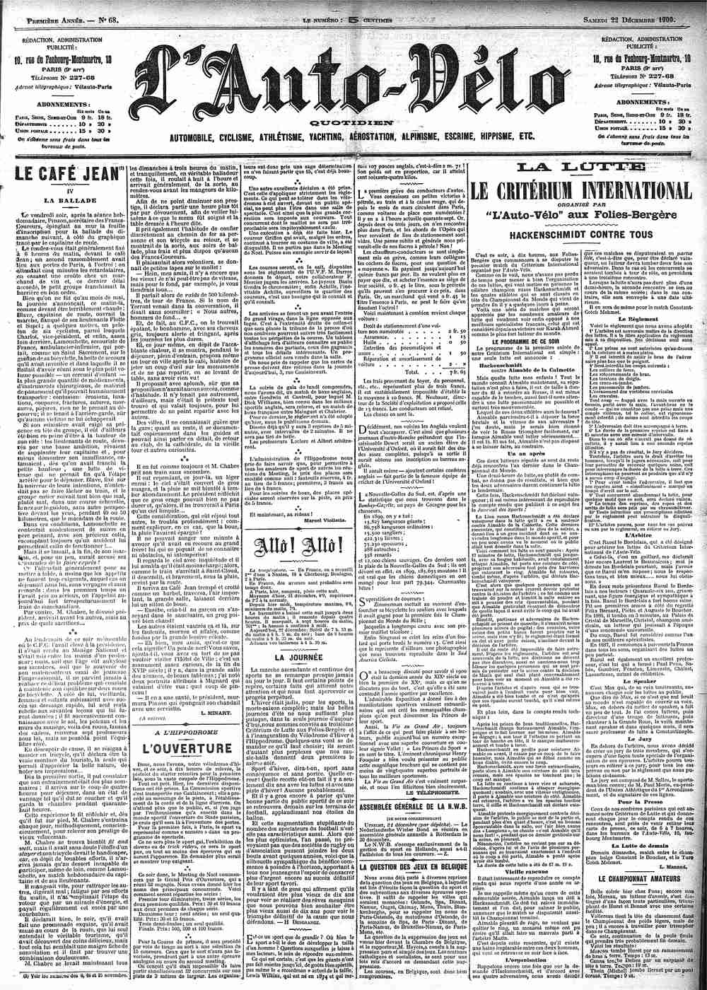 L'Équipe Front Page from December 22, 1900