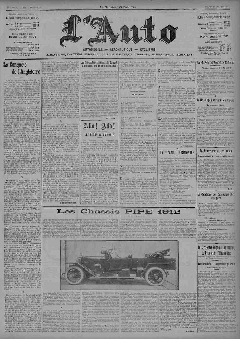 L'Équipe Front Page from January 16, 1912