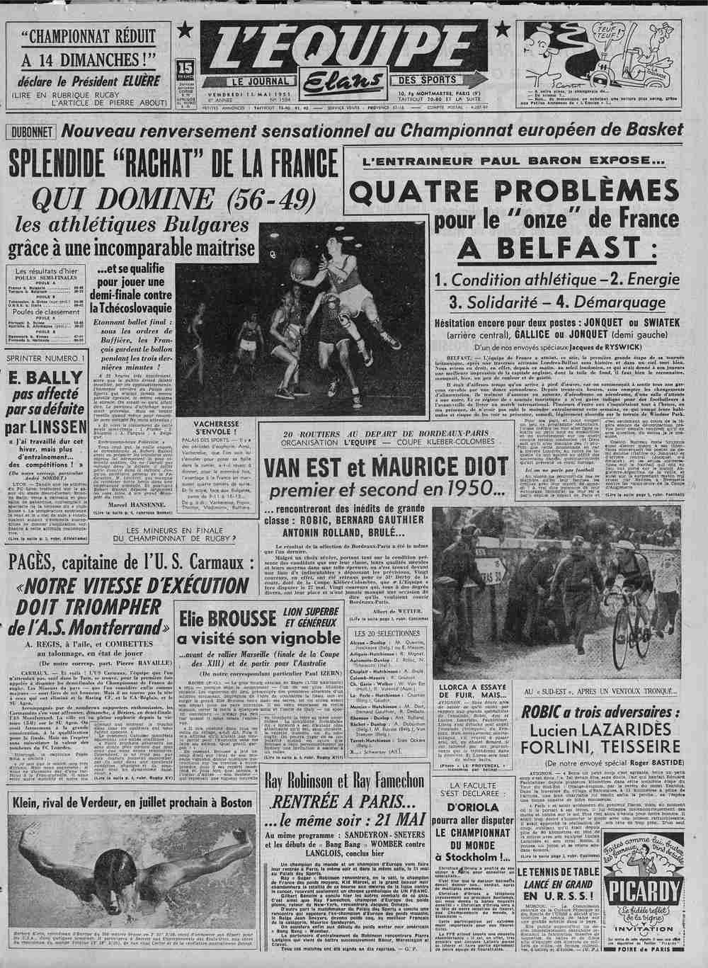 Une de L'Équipe datée du 11 mai 1951