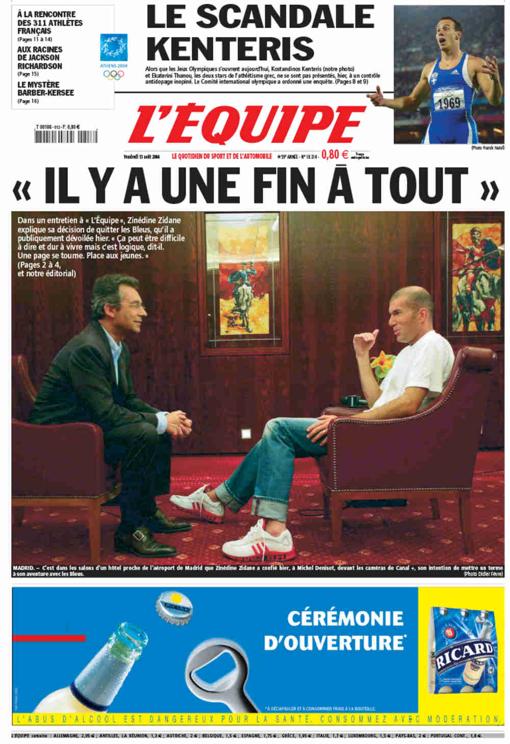 L'Équipe Front Page from August 13, 2004