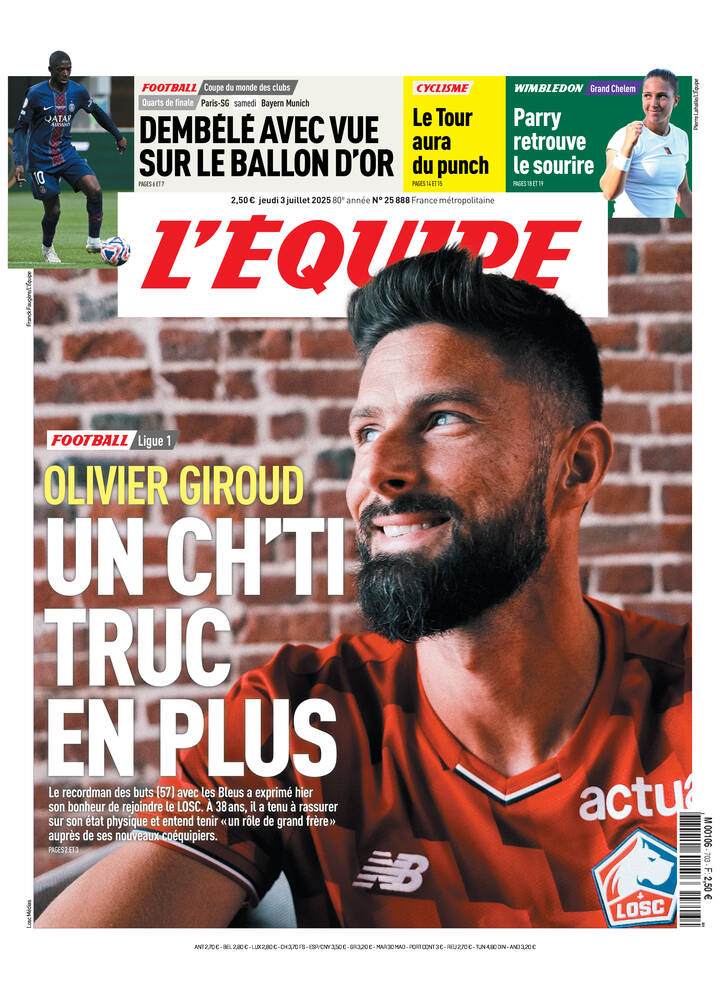 Une de L'Équipe datée du 03 juillet 2025