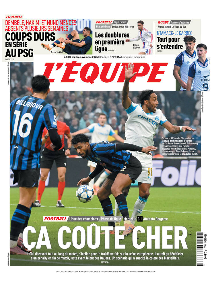Une de L'Équipe datée du 06 novembre 2025