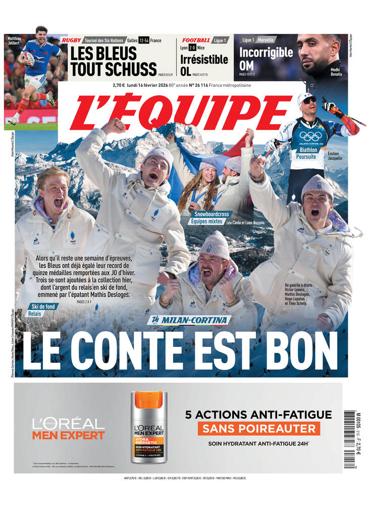 Une de L'Équipe datée du 16 février 2026