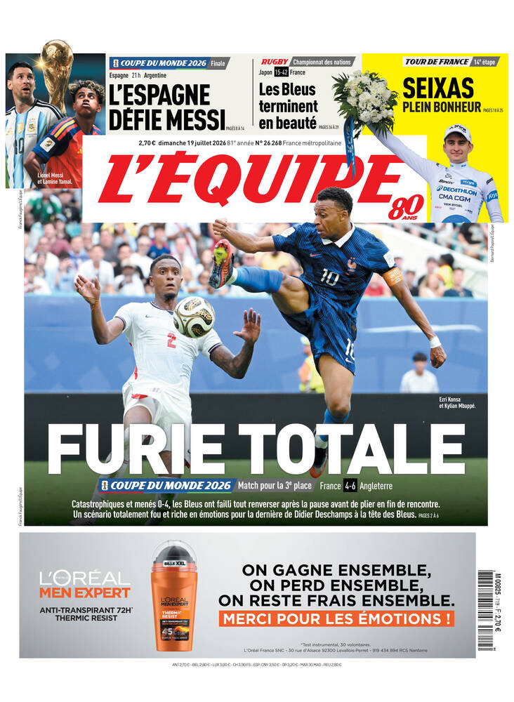 Une de L'Équipe datée du 19 juillet 2026
